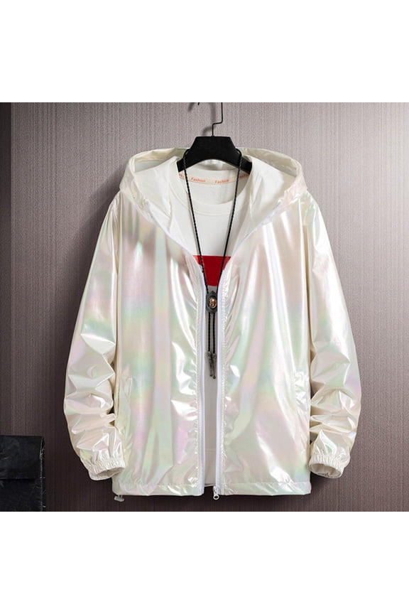 Men's Holographic Gradient Hooded Jacket - Colorful Bright Surface Zipper Coat with Pockets, Lightweight Casual Outerwear for Daily Wear – Sizes L-XXXXL