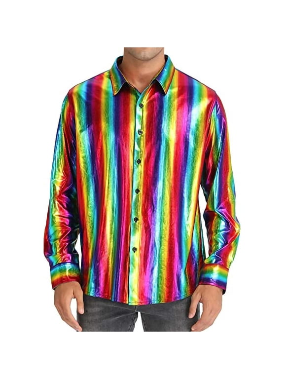 Men's Holographic Rainbow Striped Button Down Shirt Party Long Sleeve Liquid Shiny Tops Metallic Retro 70s Disco Top for Rave Clubwear Cruise Travel, Multicolor, XXL