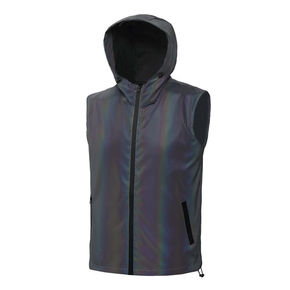 Men's Holographic Reflective Windbreaker Vest Hooded Sleeveless Jacket Windproof High Visibility Streetwear for Night Rave Running Jogging, Black, S