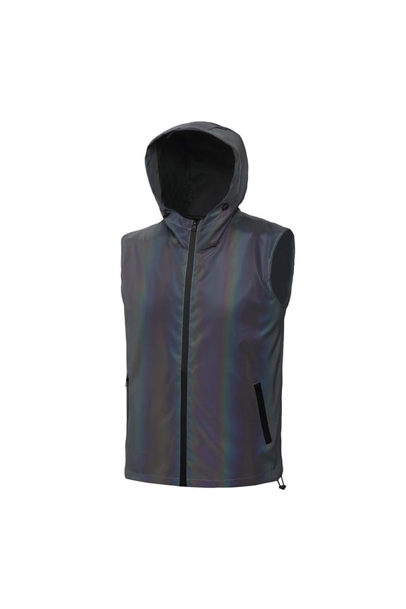 Men's Holographic Reflective Windbreaker Vest Hooded Sleeveless Jacket Windproof High Visibility Streetwear for Night Rave Running Jogging, Black, S