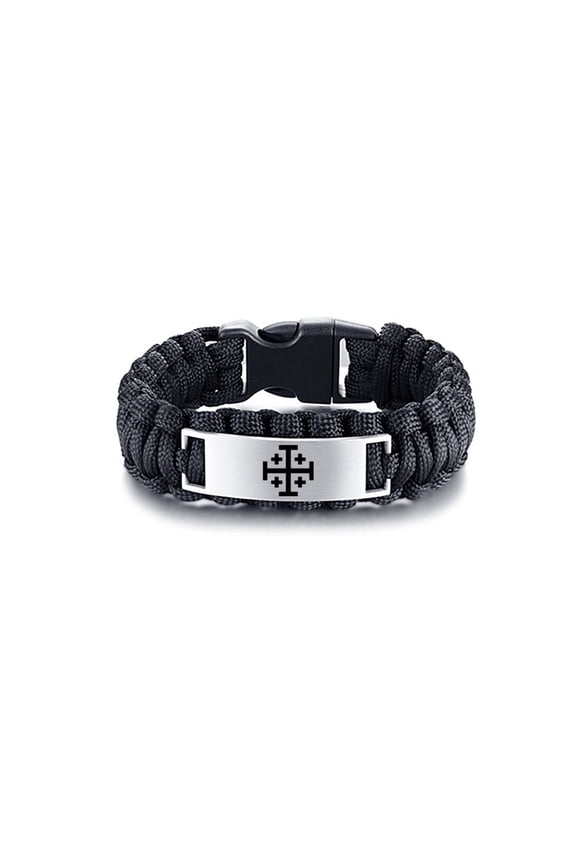 Men's Holy Jerusalem Crusaders Cross Amulets Handmade Paracord Cuff Bracelet Bangle, 5 Crosses Catholic Greek Christian Symbol of Faith Wristband Jerusalem Jewelry Gifts, 9 inch, Black
