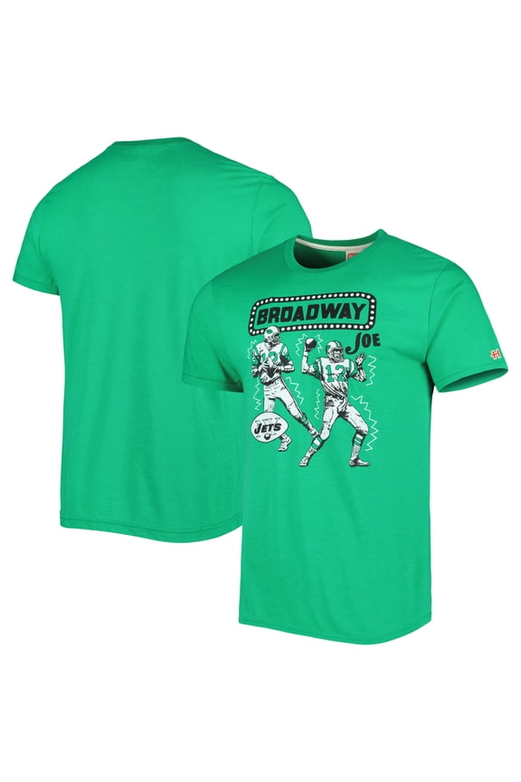 Unisex Homage Joe Namath Heather Green New York Jets Caricature Retired Player Tri-Blend T-Shirt