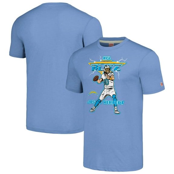Unisex Homage Justin Herbert Heathered Powder Blue Los Angeles Chargers NFL Blitz Player Tri-Blend T-Shirt
