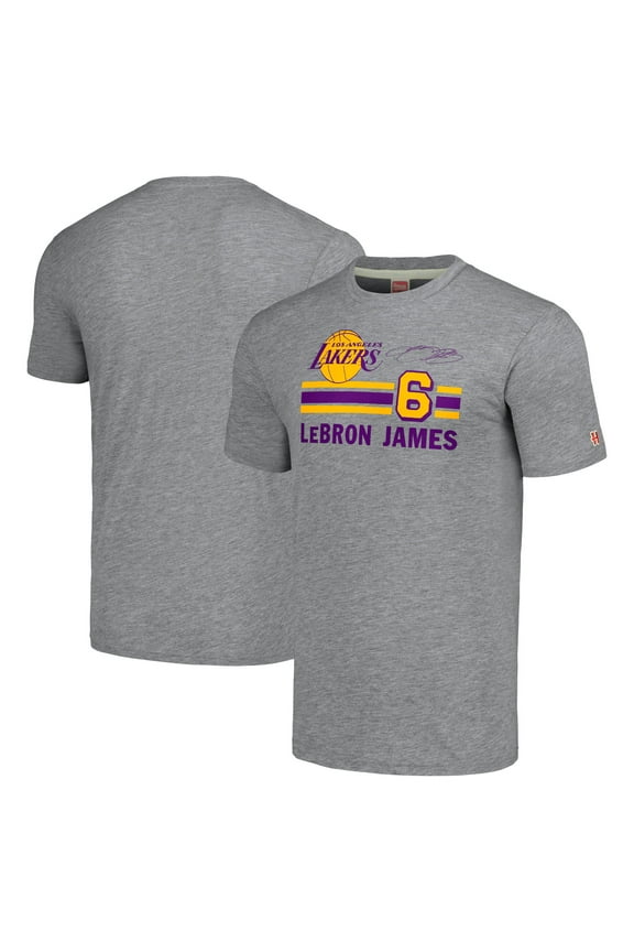 Men's Homage LeBron James Gray Los Angeles Lakers Number Tri-Blend T-Shirt