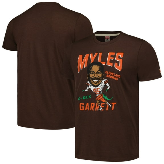 Unisex Homage Myles Garrett Heathered Brown Cleveland Browns Caricature Player Tri-Blend T-Shirt