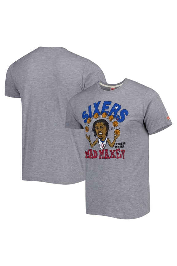 Men's Homage Tyrese Maxey Gray Philadelphia 76ers Caricature Tri-Blend T-Shirt