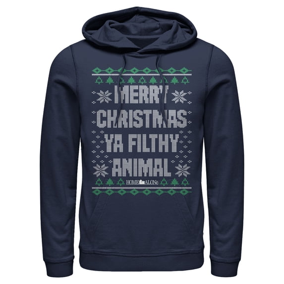 Men's Home Alone Merry Christmas Ugly Sweater Pull Over Hoodie Navy Blue Large