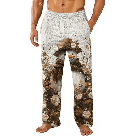 Men's Home Pants, Allover Christmas Snowman Print with Pocket, Fleece Sleeping Pajama Long Trousers for Holiday, Lounge Wear and Winter Comfort,White,S