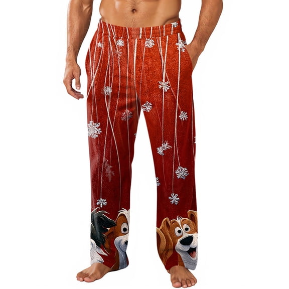 Men's Home Pants, Allover Christmas Theme Print with Pocket, Fleece Sleeping Pajama Long Trousers for Holiday, Lounge Wear and Winter Comfort,Wine,S