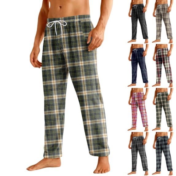Men's Home Soft Pajama Pants Drawstring with Pockets - Flannel Plaid Print Casual Sports Pants for Winter Lounging and Christmas Holidays,Black,3XL