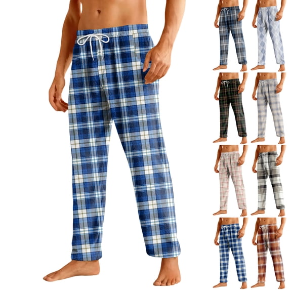 Men's Home Soft Pajama Pants Drawstring with Pockets - Flannel Plaid Print Casual Sports Pants for Winter Lounging and Christmas Holidays,Orange,M
