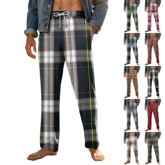 Men's Home Soft Pajama Pants, Plaid Print Drawstring Pocket Casual Lounge Pants for Fall, Winter and Home Comfort,Pink,XL