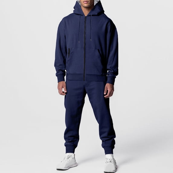 Men's Hooded Athletic Tracksuit Casual 2 Pieces Solid Color Block Hoodies and Sweatpants Set