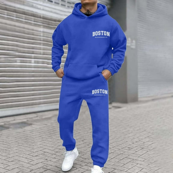 Men's Hooded Athletic Tracksuit - Long Sleeve Sweatshirt Drawstring Sweatpants Lounge Set Tracksuit 2 Piece Sweatsuit Set Pullover Athletic Suit Sweatpants Sport Jogging Suits With Pockets (Blue, M)