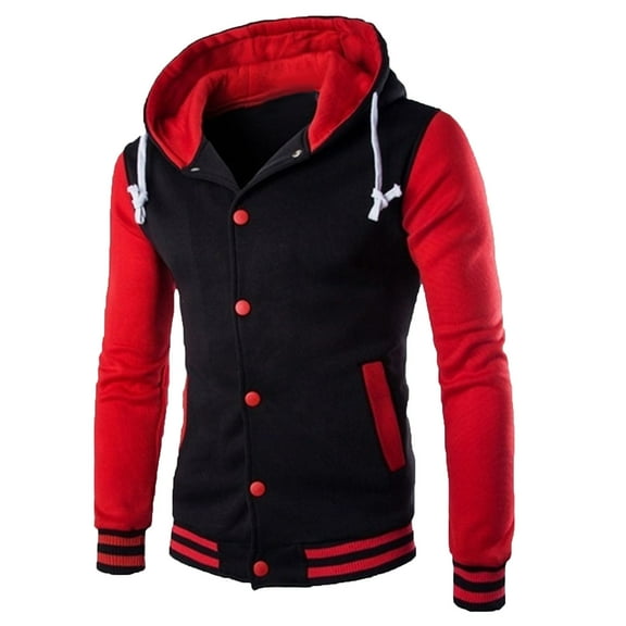 Men's Hooded Baseball Jacket Slim Button Warm Hooded Varsity Jacket Youth Color Matching All-match Hoodie