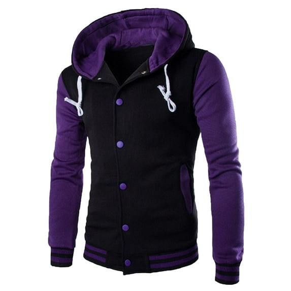 Men's Hooded Baseball Jacket Slim Button Warm Hooded Varsity Jacket Youth Color Matching All-match Hoodie