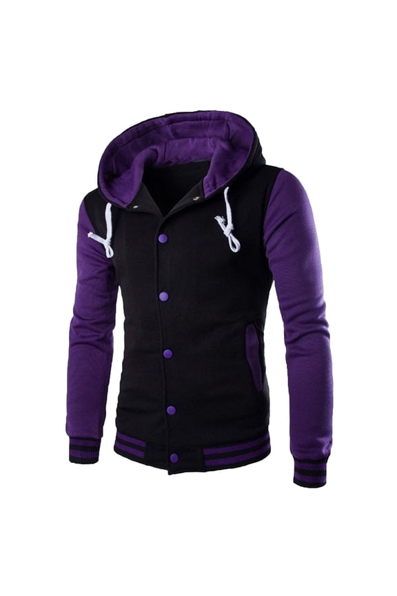 Men's Hooded Baseball Jacket Slim Button Warm Hooded Varsity Jacket Youth Color Matching All-match Hoodie