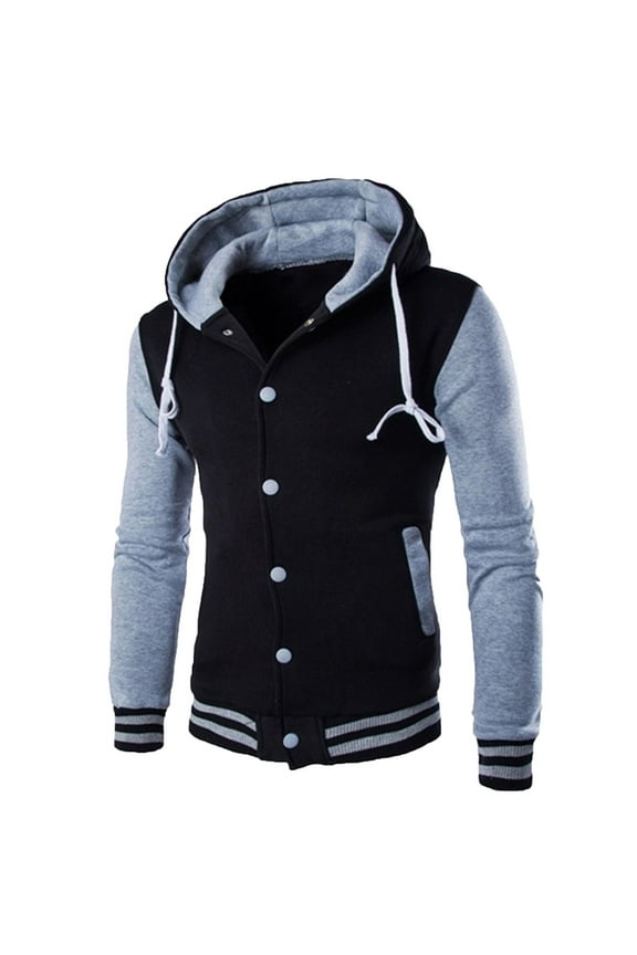 Men's Hooded Baseball Jacket Slim Button Warm Hooded Varsity Jacket Youth Color Matching All-match Hoodie