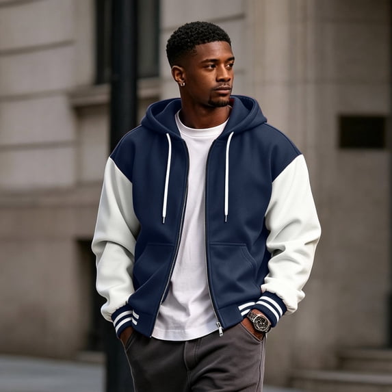 Men's Hooded Baseball Jacket Zip Up Color Block Coat Fleece Lined Loose Fit Streetwear Outerwear for Spring Autumn Winter