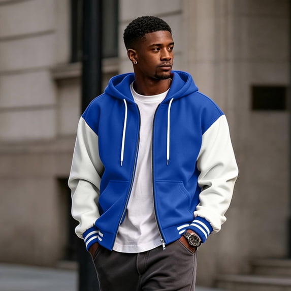 Men's Hooded Baseball Jacket Zip Up Color Block Coat Fleece Lined Loose Fit Streetwear Outerwear for Spring Autumn Winter