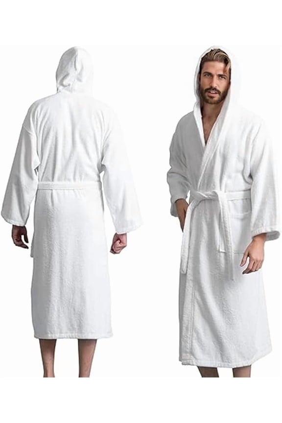 Men’s Hooded Bathrobe, 100% Cotton Terry Bathrobe, Spa Style Bath Robe, Absorbent Shower Robe, Lightweight Towel Bathrobes