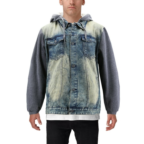 Men’s Hooded Button Up Faded Denim With Jersey Sleeves Jean Trucker Jacket (Vintage, 4XL)