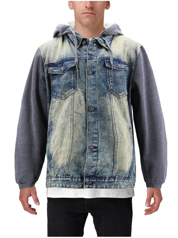 Men’s Hooded Button Up Faded Denim With Jersey Sleeves Jean Trucker Jacket (Vintage, 4XL)