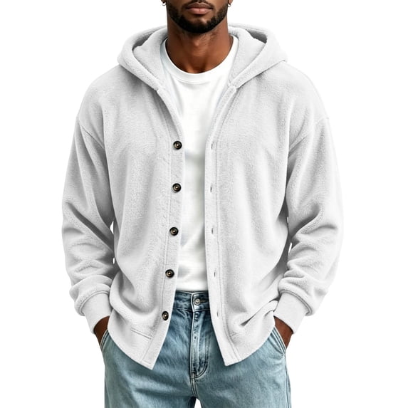 Men's Hooded Cardigan Button Up Fleece Jacket Warm Winter Casual Long Sleeve Coat for Outdoor Daily Wear