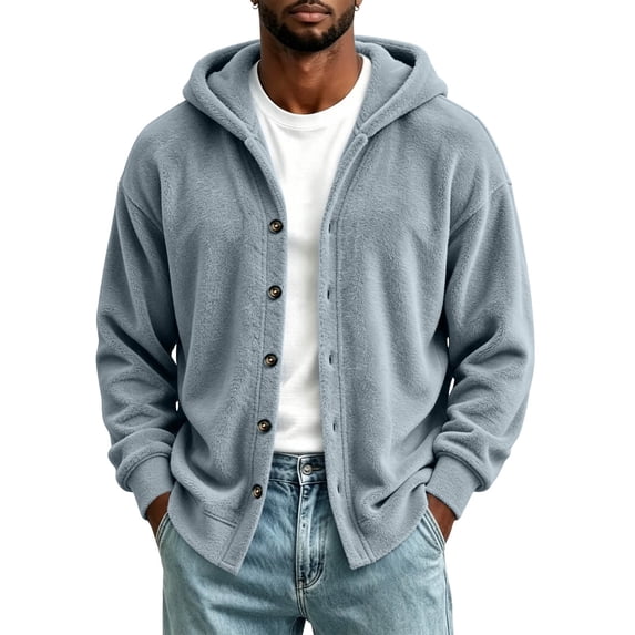 Men's Hooded Cardigan Button Up Fleece Jacket Warm Winter Casual Long Sleeve Coat for Outdoor Daily Wear