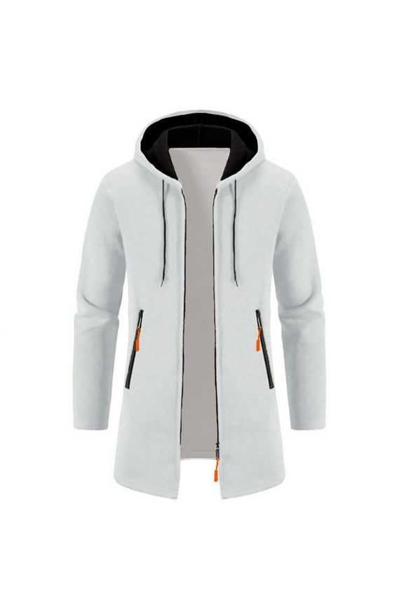 Men's Hooded Cardigan Mid-Length Thin Velvet Loose Sweater Jacket Warm Knit Zip up Cardigan Coat with Pocket White XXL