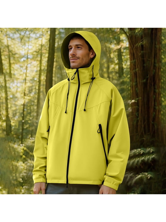 Men's Hooded Cargo Jacket Multi-pockets Waterproof Windproof Full Zip Windbreaker Hiking Camping Outdoors Hoodie (3XL, Yellow 01)