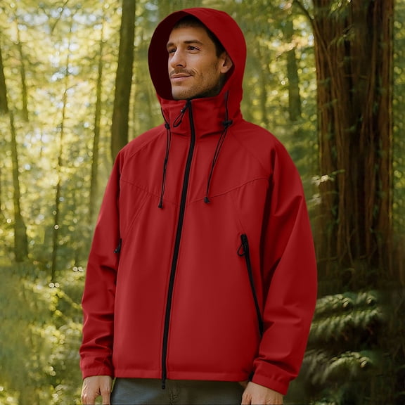 Men's Hooded Cargo Jacket Multi-pockets Waterproof Windproof Full Zip Windbreaker Hiking Camping Outdoors Hoodie (M, Red 01)
