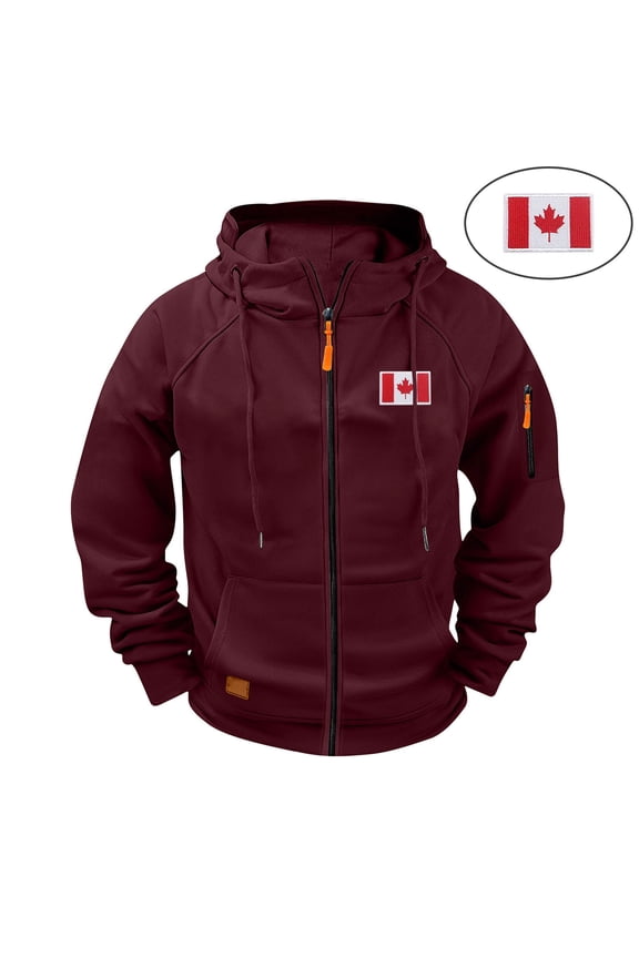 Men's Hooded Cargo Jacket with Canadian Flag Embroidery, Long Sleeve Athletic Training Raglan Coat, Multiple Pockets Zippered Casual Sportswear