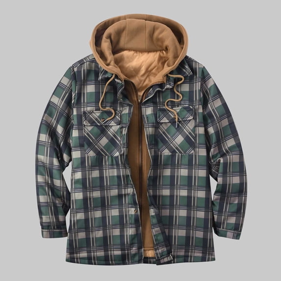 Men's Hooded Coat Casual Thicken Long Sleeve Plaid Work Flannel Button Down Shirt Jacket