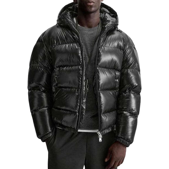 Men's Hooded Cotton-Padded Jacket - Solid Color Thickened Warm Loose Coat with Big Pockets, Long-Sleeve Bread Jacket, Black, S