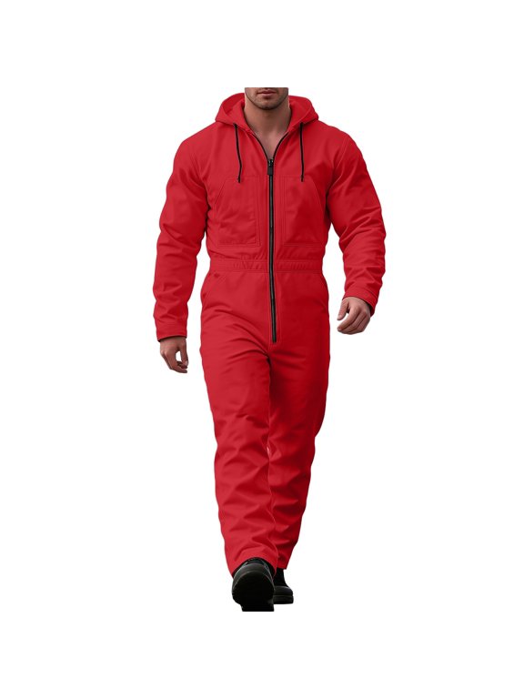 Men's Hooded Coverall Jumpsuit Zip Up Long Sleeve Workwear Mechanic Boiler Suit with Pockets Durable Utility Comfortable Casual Outdoor Outfit