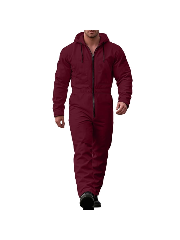 Men's Hooded Coverall Jumpsuit Zip Up Long Sleeve Workwear Mechanic Boiler Suit with Pockets Durable Utility Comfortable Casual Outdoor Outfit