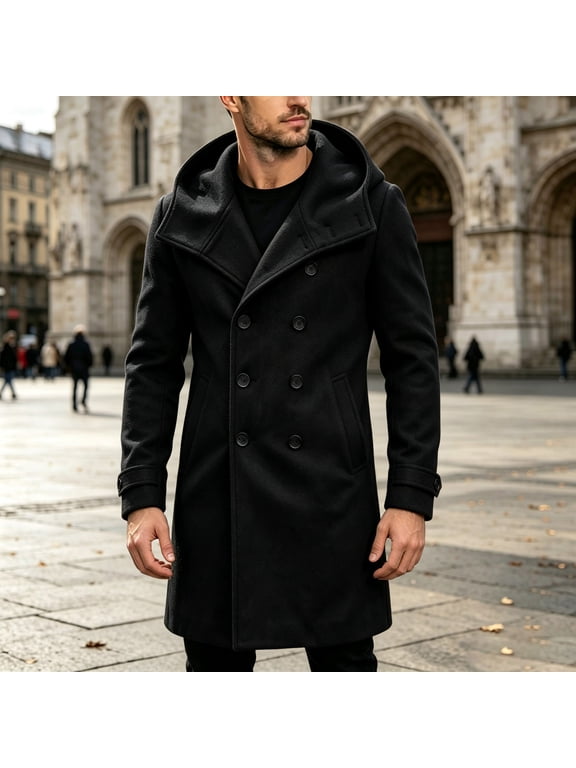 Men's Hooded Double Breasted Wool Blend Coat Mid-Length Windproof Overcoat Casual Winter Warm Trench Coat With Pockets Black M