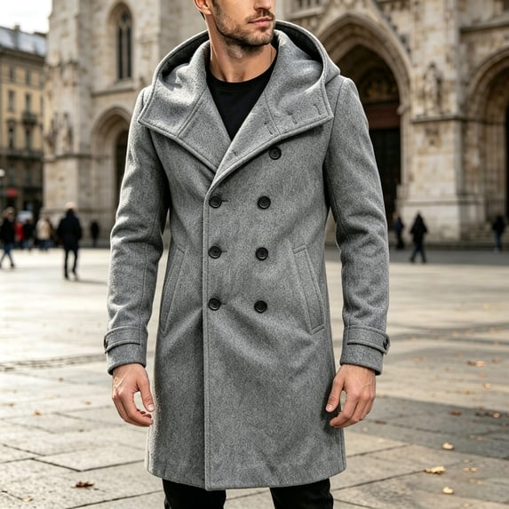 Men's Hooded Double Breasted Wool Blend Coat Mid-Length Windproof Overcoat Casual Winter Warm Trench Coat With Pockets Grey M