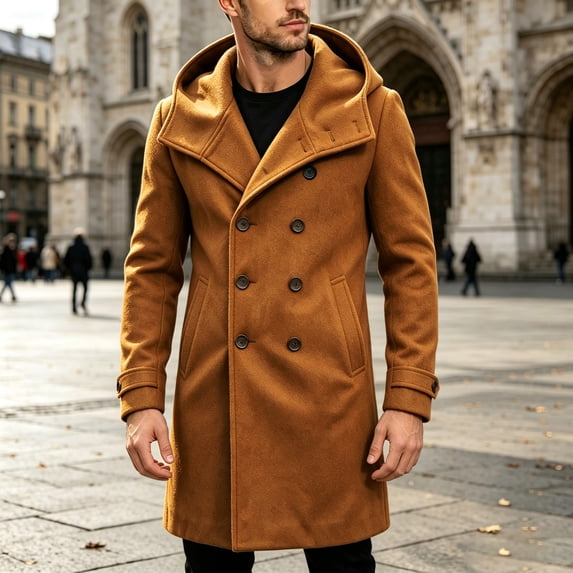 Men's Hooded Double Breasted Wool Blend Coat Mid-Length Windproof Overcoat Casual Winter Warm Trench Coat With Pockets Khaki XL