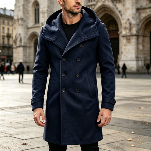 Men's Hooded Double Breasted Wool Blend Coat Mid-Length Windproof Overcoat Casual Winter Warm Trench Coat With Pockets Navy XL