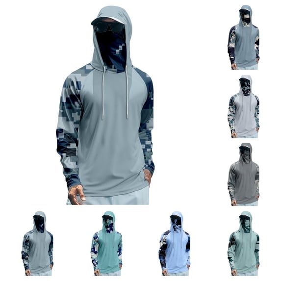 Men's Hooded Fishing Shirts with Face Mask Cooling UPF 50+ Sun Protection Rash Guard Moisture Wicking Outdoor Boat Sun Shirt Turquoise XXL