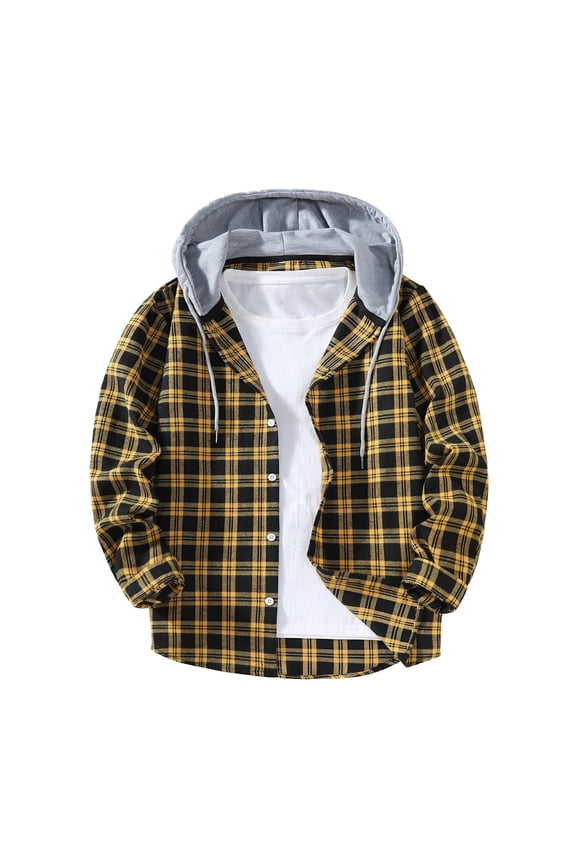 Men's Hooded Flannel Button Down Shacket Plaid Shirt Jacket with Drawstring Long Sleeve Checkered Fall Casual Fashion Layering Coat, Gold, M