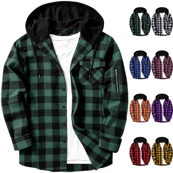 Men's Hooded Flannel Shacket Casual Plaid Button Down Shirt Jacket Long Sleeve with Drawstring Hood & Sleeve Zipper Pocket for Outdoor Hiking, Army Green, M