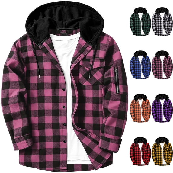 Men's Hooded Flannel Shacket Casual Plaid Button Down Shirt Jacket Long Sleeve with Drawstring Hood & Sleeve Zipper Pocket for Outdoor Hiking, Hot Pink, XXXL