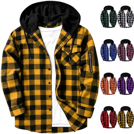 Men's Hooded Flannel Shacket Casual Plaid Button Down Shirt Jacket Long Sleeve with Drawstring Hood & Sleeve Zipper Pocket for Outdoor Hiking, Yellow, S