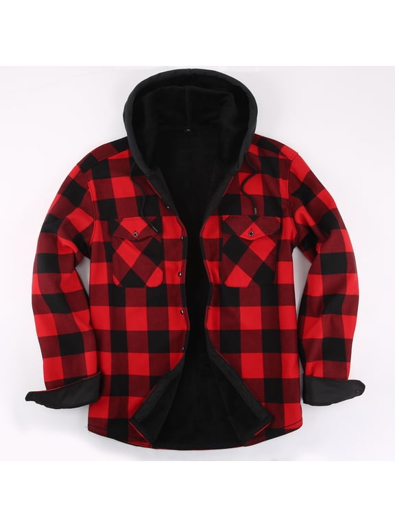 Men's Hooded Flannel Shirt Jacket Fleece Lined Plaid Warm Casual Coat
