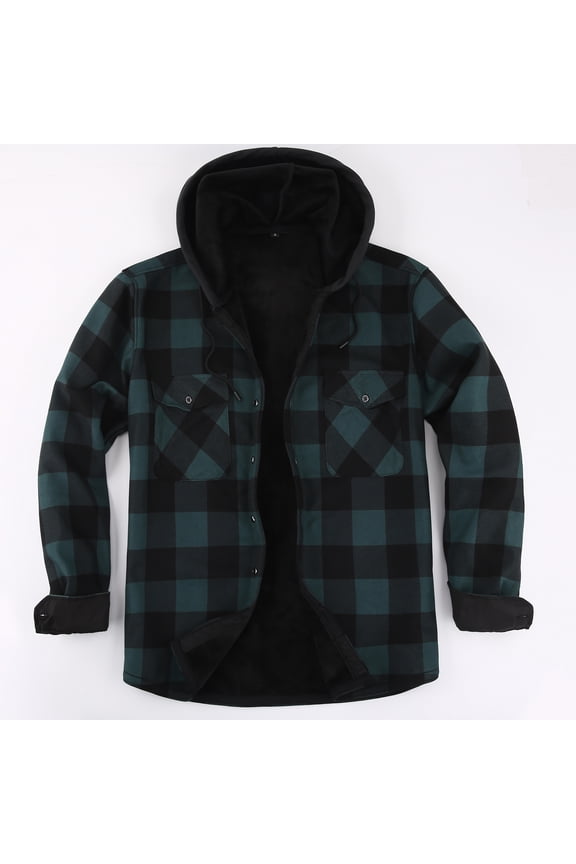 Men's Hooded Flannel Shirt Jacket Fleece Lined Plaid Warm Casual Coat