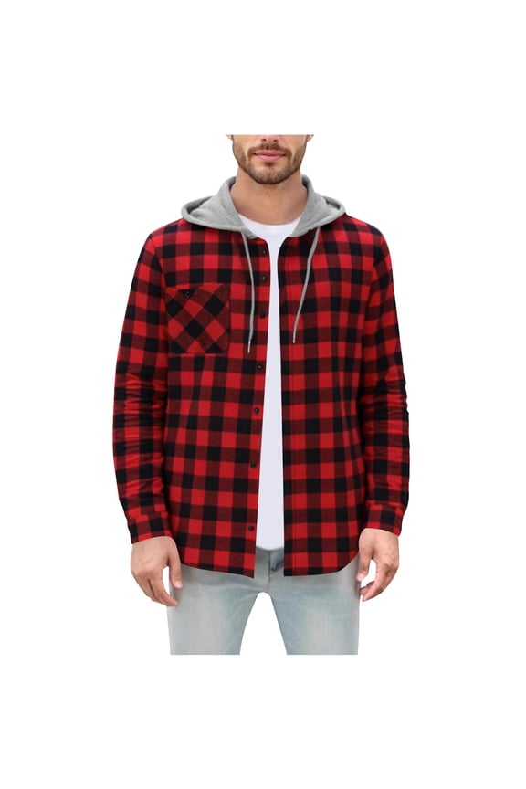 Men's Hooded Flannel Shirt Plaid Shirts Long Sleeve Button-Down Drawstring Fall Casual Jacket Tops With Pocket (L, Red)