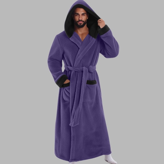 Men's Hooded Fleece Bathrobe Full Length Contrast Trim Robe with Pockets and Belt Cozy Winter Sleepwear Home Loungewear
